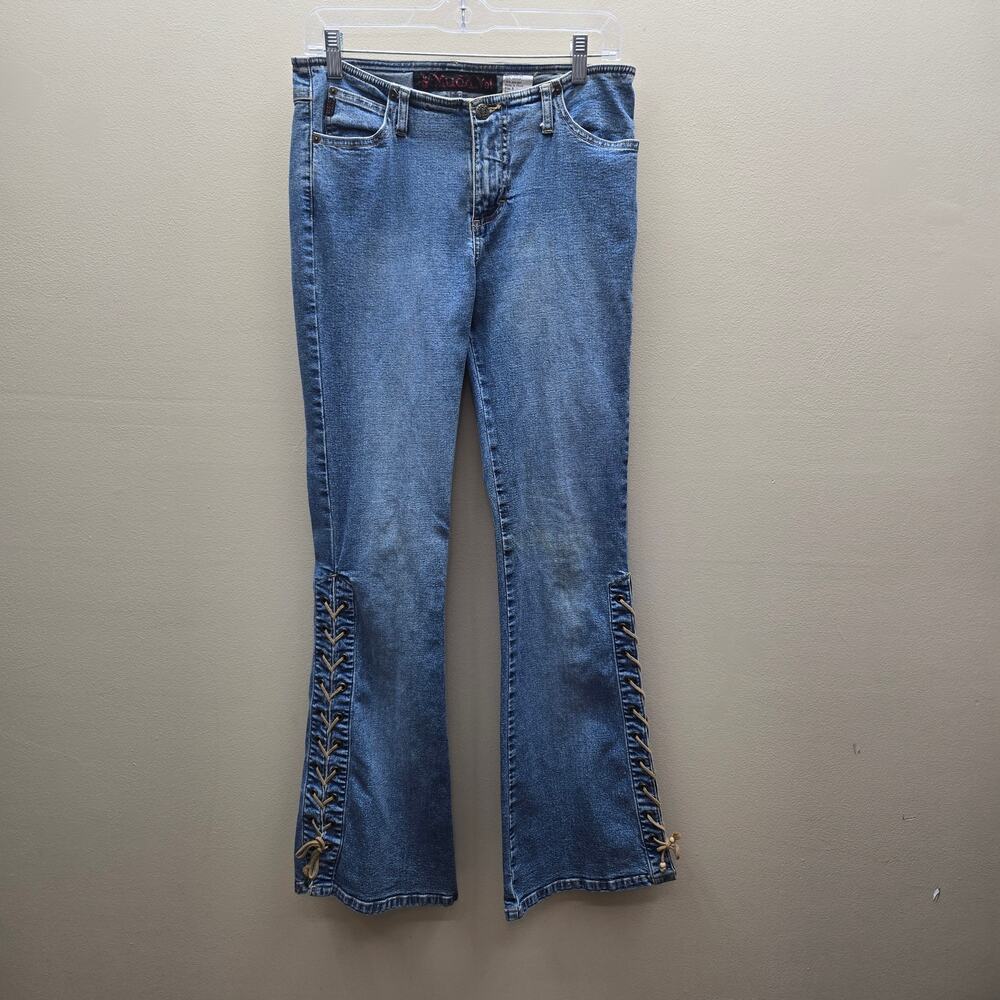 Vintage Mudd Yo! Lace Up Low Rise Flare Bell Bottoms Leg Jeans 90s Y2K Blue SZ 9